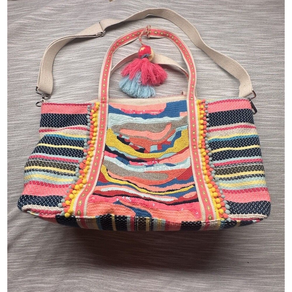 America & Beyond EMBELLISHED TOTE WITH Two Small Bags Wave Design